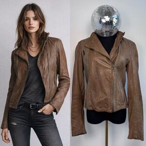 AllSaints Marsh Biker Brown Leather Jacket Womens US 6 UK 10 Moto Spitalfields